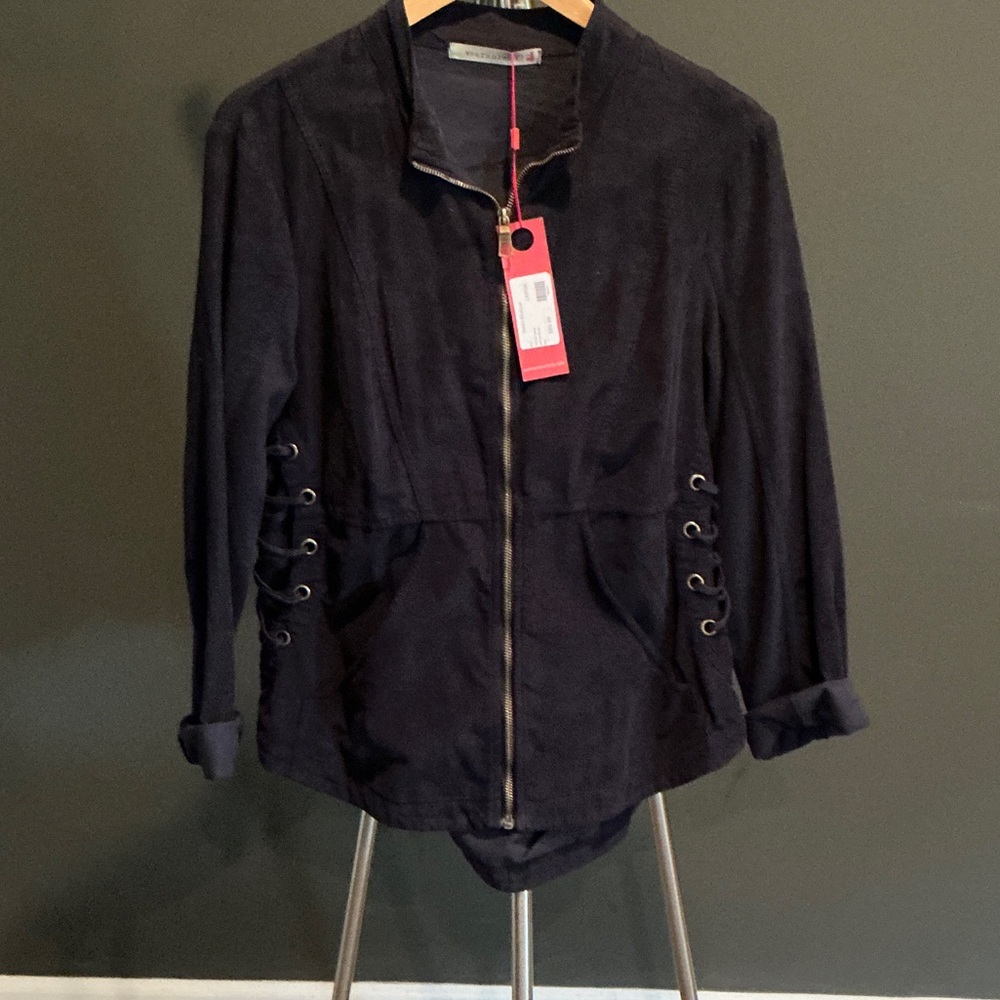 Elegant Navy Utility Jacket with Lace-Up Sides